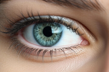 Obraz premium Close image of a lady's blue eye with elongated black lashes. Generative AI.