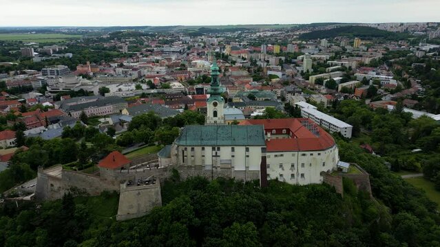 Stunning aerial view of a medieval landmark of Nitra, Nitra Castle, Slovakia, 4k