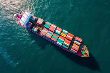 Fototapeta premium Global logistics, container ship on open sea, Top view. Generative Ai.