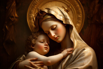 Holy Mary and baby Jesus. Generative AI