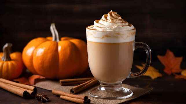 Spicy pumpkin latte with whipped cream and cinnamon over dark background with autumn leaves. A glass of creamy coffee with pumpkin, spices and cinnamon stick. Copy space. Generative AI