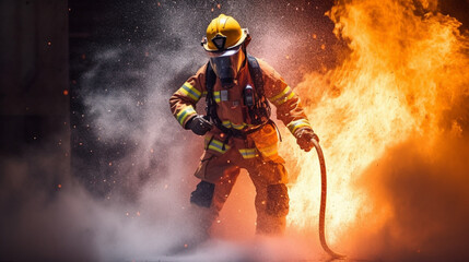 水と消火器を使って消火活動をする消防士 安全なスーツを着て消火活動をする消防士GenerativeAI