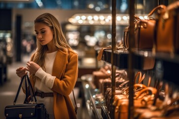 Fototapeta na wymiar A shopper browsing through a high - end department store, admiring the beautifully displayed luxury items. Generative AI