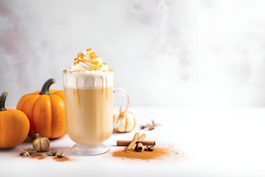 Glass of autumn pumpkin latte with whipped cream and cinnamon over blurred light grey background. Coffee with pumpkin and spices on light background, copy space, high key. Generative AI