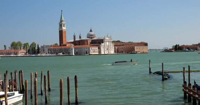 View from Riva degli Schiavoni on San Giorgio Maggiore, basilica in the classical Renaissance style, opposite the Piazzetta di San Marco in Venice, Italy.