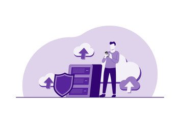 Cloud data storage and security flat illustration, People upload folders and transfer backup files to digital database services, Cyber security, Database protection, data center, file management