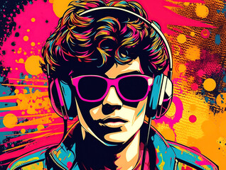 Naklejka na ściany i meble Young man wearing headphones and sunglasses, listening music on a colorful background. Vibrant pop art retro style. Created with generative Ai