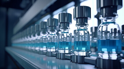 製薬工場の生産ラインでの医療用バイアル、製薬機械作業製薬用ガラス瓶の生産ラインGenerativeAI