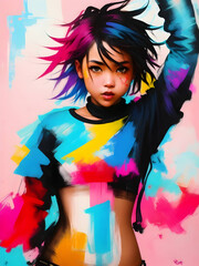 illustration of young rebellious woman posing with colorful fashion in abstract concept art to symbolize self expression, radical, rebellious, expressive, honest, vulnerable, authenticity attributes