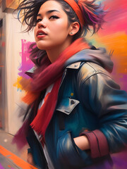 illustration of young rebellious woman looking hopeful in stylish modern leather jacket - symbolizes self expression, radical, rebellious, expressive, honest, vulnerable, authenticity attributes