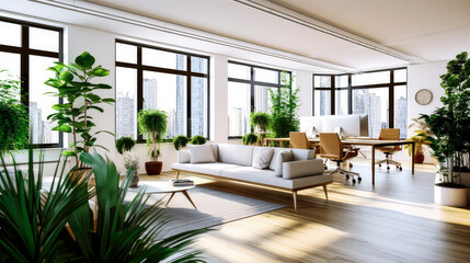 modern office, big light coworking space, light colors, natural materials, many plants, eco concept,mockup, AI generated