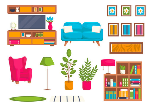 Set of furniture and interior items. Living room. 
Vector graphic on a white background.