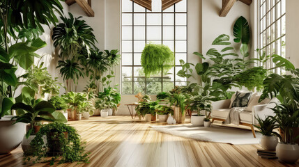 modern apartment interior in light colors, natural materials, eco concept, cozy with many house plants,copy space, mockup, AI generated