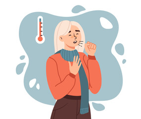 Sick woman with cold and flu concept. Young girl coughs next to thermometer. Character suffering from illness. Fever and viral diseases, coronavirus. Cartoon flat vector illustration - obrazy, fototapety, plakaty