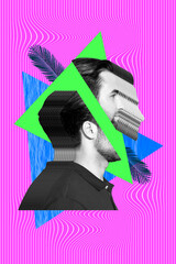 Vertical abstract composite illustration photo collage of black white man divided cut 3d image...