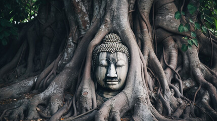 大木の下にある古代の仏像GenerativeAI