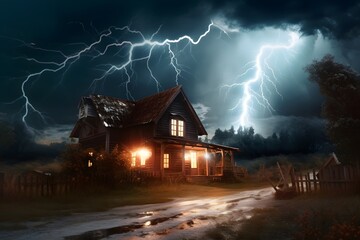 A house being struck by lightning, capturing the dramatic power of nature. Generative AI