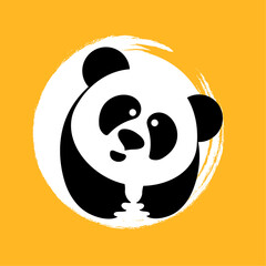 Panda silhouette in a circle on a yellow background in a simple flat style. Vector illustration for design.