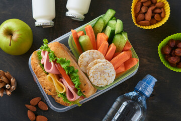 Healthy food for school lunch concept. Healthy bread, meat sandwich with cheese, apple, fresh cucumber, carrots, nuts in container, water and yogurt on dark background. Back to school concept.