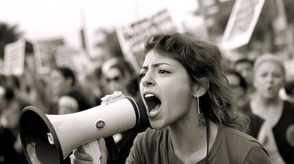 a woman shouting through megaphone on a workers environmental protest in a crowd in a big city. black and white documentary photo. Generative AI - obrazy, fototapety, plakaty
