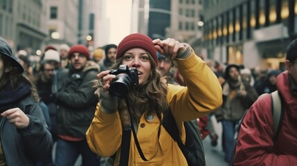 a radical social movement protest in a big city. young woman with yellow jacket and a photocamera. fighting for human rights. Generative AI - obrazy, fototapety, plakaty