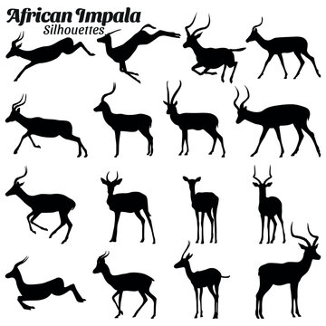 African impala silhouettes vector illustration set.