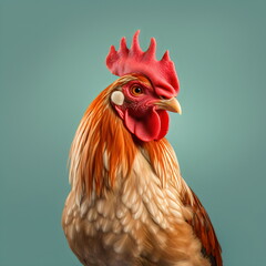 brown rooster close up isolated on plain green studio background, made with generative ai - obrazy, fototapety, plakaty