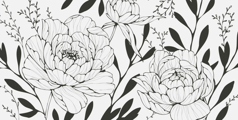 Botanical line bakground with flowers and leaves. Floral foliage for wedding invitation, wall art or card template