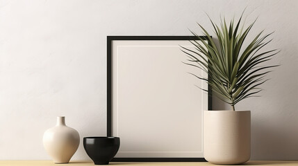 Leeres Bilderrahmen-Template (Rahmenvorlage) mit Vasen und einer Pflanze in einem modernen Innenraum (Generative. AI)
