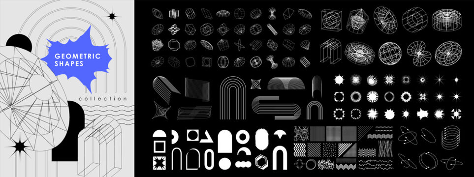 Trendy geometric design elements. Simple shapes forms and frames inspired brutalism, abstract bauhaus and boho cosmic style. Universal star and flower shape, basic form