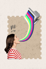 Vertical collage of excited girl mouth absorb rainbow computer display information exclamation mark...