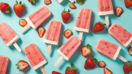 Mehrere Erdbeereis am Stiel mit frischen Erdbeeren im sommerlichen Vintage-Stil auf türkisem Hintergrund (Generative AI)