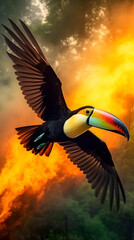 Fototapeta premium toucan running away from fire, forest on fire, generative ai