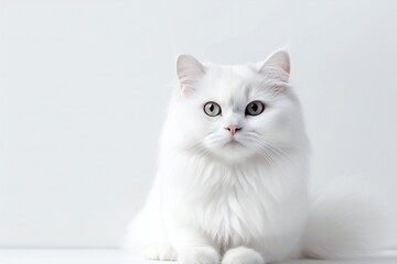 Fototapeta premium Fluffy white cat on white background Generative AI
