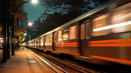 train at night in a city driving in motion with light trails at a railway station. Generative AI