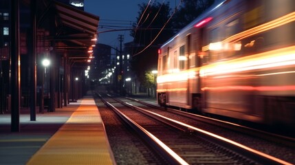 Fototapeta na wymiar train at night in a city driving in motion with light trails at a railway station. Generative AI