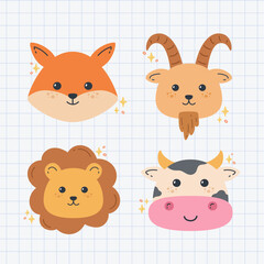 Hand drawn of cute animal head collection vector design illustration