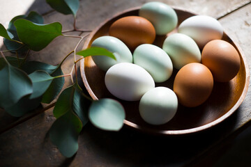 アローカナの青い卵と白い卵と茶色い卵 - obrazy, fototapety, plakaty