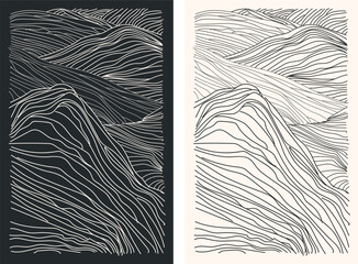 Mountain wave line art print. Abstract vector illustrations of contemporary aesthetic backgrounds featuring breathtaking mountain landscapes.