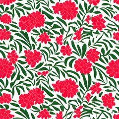 Red flowers and green leaves on a white background. Generative Ai