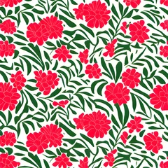 Rolgordijnen Red flowers and green leaves on a white background. Generative Ai © Cynthia