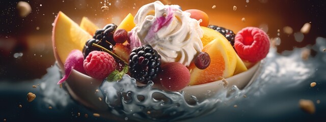 Fototapeta na wymiar ice cream swirl with fruits around it. Generative ai