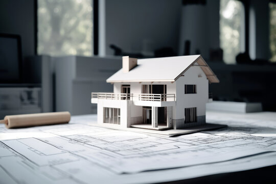 A blueprint of a residential house  with model of the house on a desk Generative AI