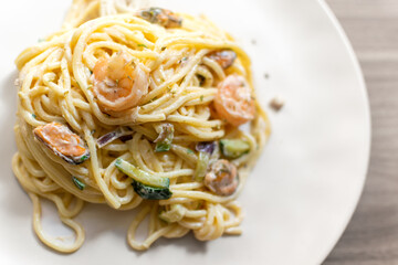Seafood pasta Spaghetti with Prawns, Shellfish and zucchini
