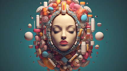 Woman's face covered with many pills as a symbol of drug abuse, overdose, generated by AI
