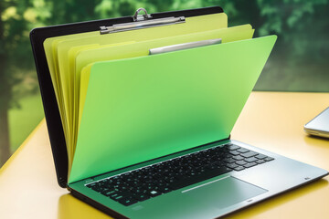 Green file folder on laptop screen - Generative AI - obrazy, fototapety, plakaty