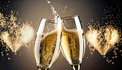 Glasses of champagne with splash, celebration theme. Generative AI