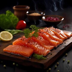 sliced salmon with salt and herbs, 
