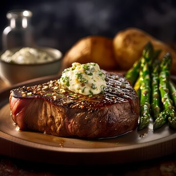 plate piece of beef, butter, parsley, asparagus, french cuisine. grilled meat
