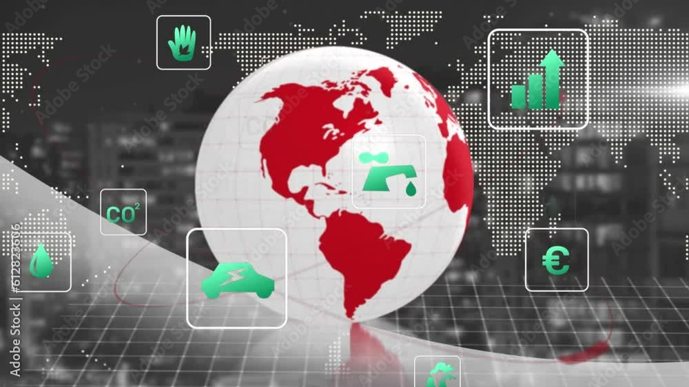 Aufkleber animation of eco icons and data processing over globe
